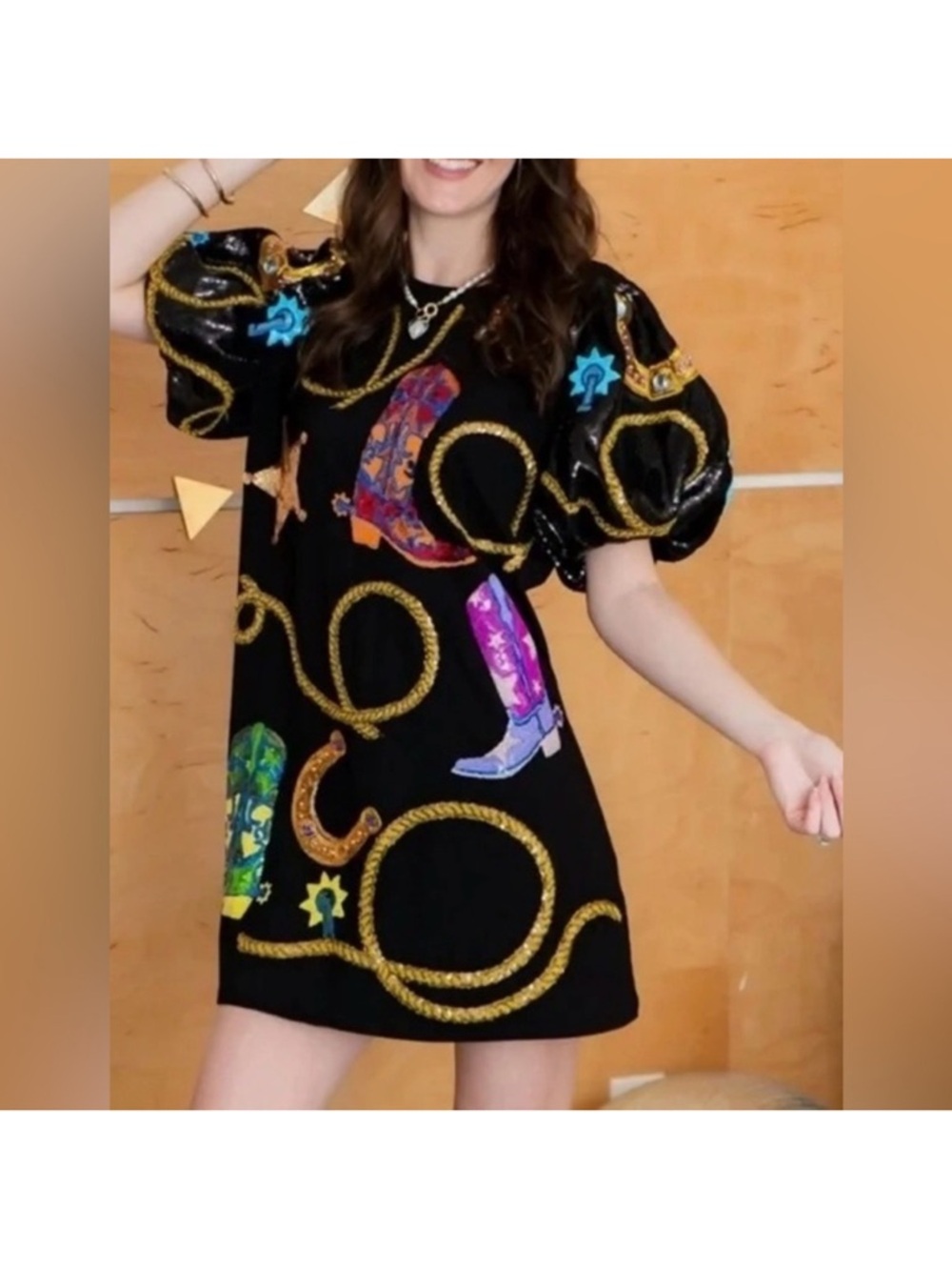 QUEEN OF SPARKLES Black Mini Dress with Gold Rope and Multicolor Boot Motifs